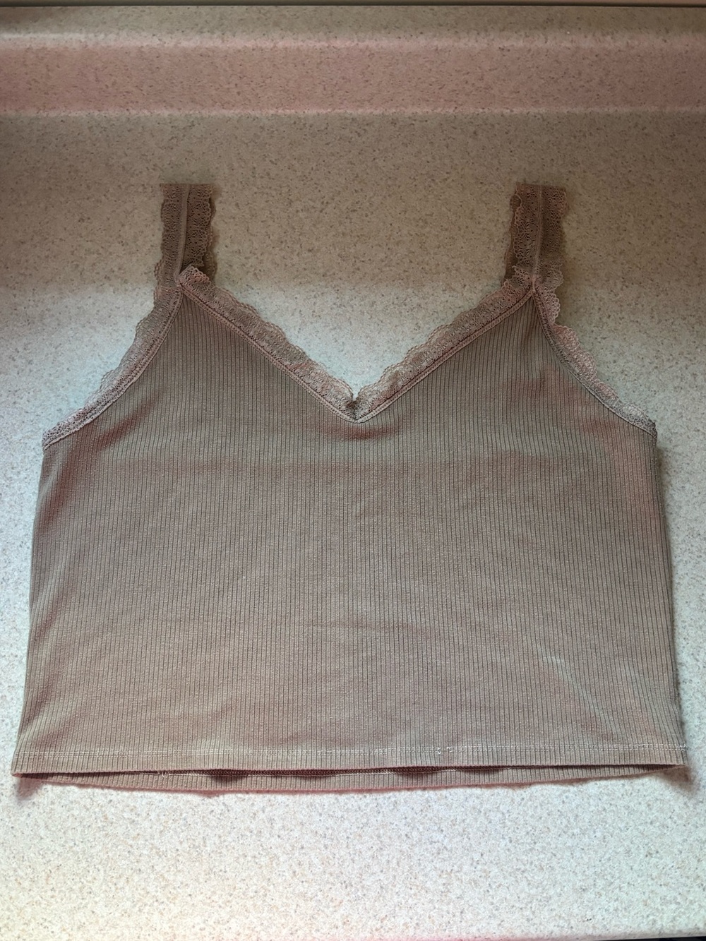 American Eagle Outfitters Ribbed Lace-Trim Cami Tank - Taupe